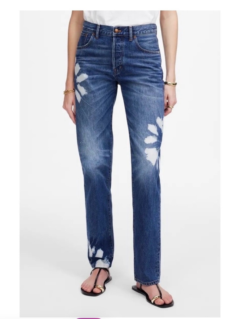 Madewell Blue Straight-Leg Jeans with White Floral Bleach